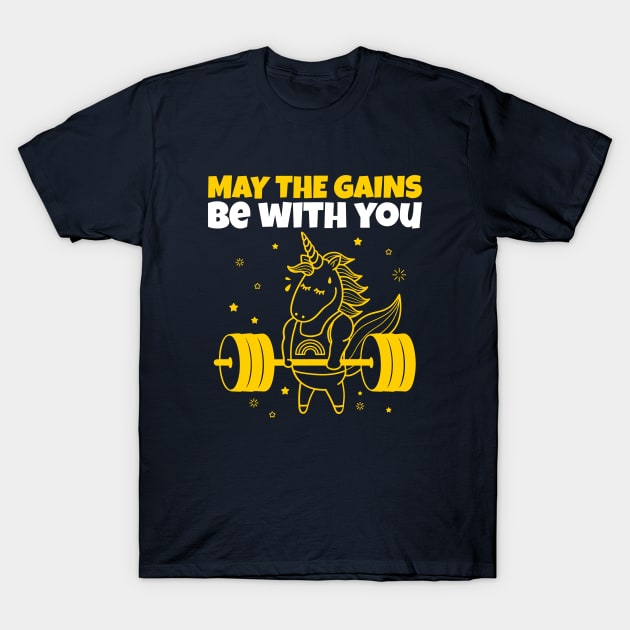 May The Gains Be With You - Unicorn Gym Funny Quote T-Shirt by stokedstore